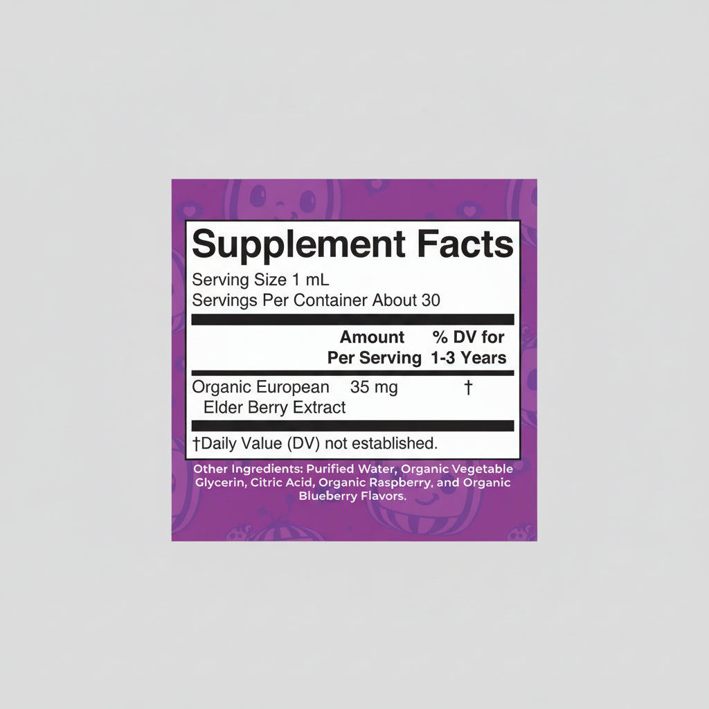 Supplement facts label for organic European elderberry extract on a purple background with cartoon characters.