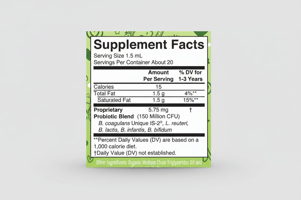 Supplement facts label on a green background with probiotic information.