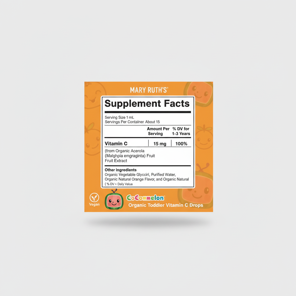 Supplement facts label for Mary Ruth's Organic Toddler Vitamin C Drops on an orange background with CoComelon branding.