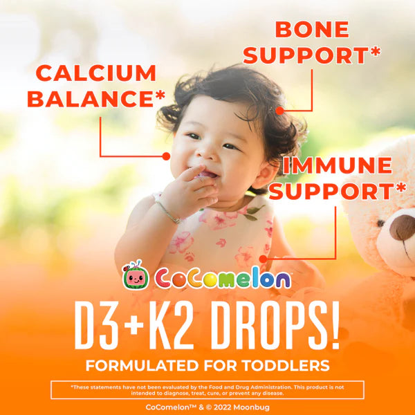 Advertisement for Cocomelon D3+K2 Drops with a child and teddy bear, highlighting bone support, calcium balance, and immune support.