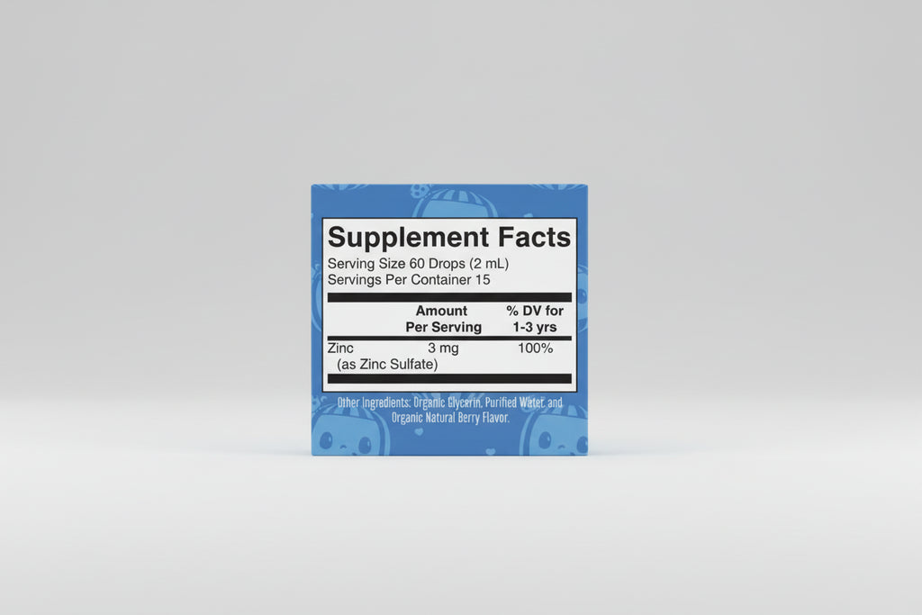 Supplement facts label with blue background and cartoon characters.