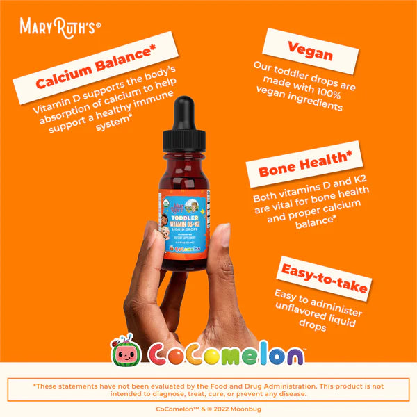 Mary Ruth's toddler drops bottle with promotional text on an orange background