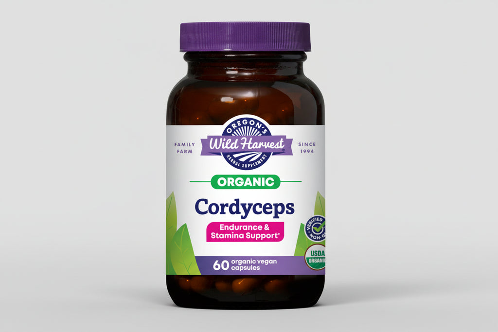 Oregon's Wild Harvest Organic Cordyceps supplement bottle with purple cap and label.
