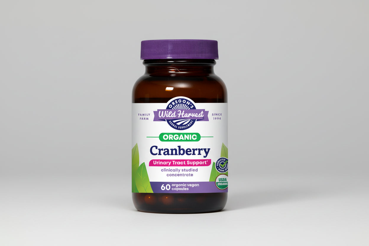 Oregon's Wild Harvest Organic Cranberry supplement bottle with purple cap and label.