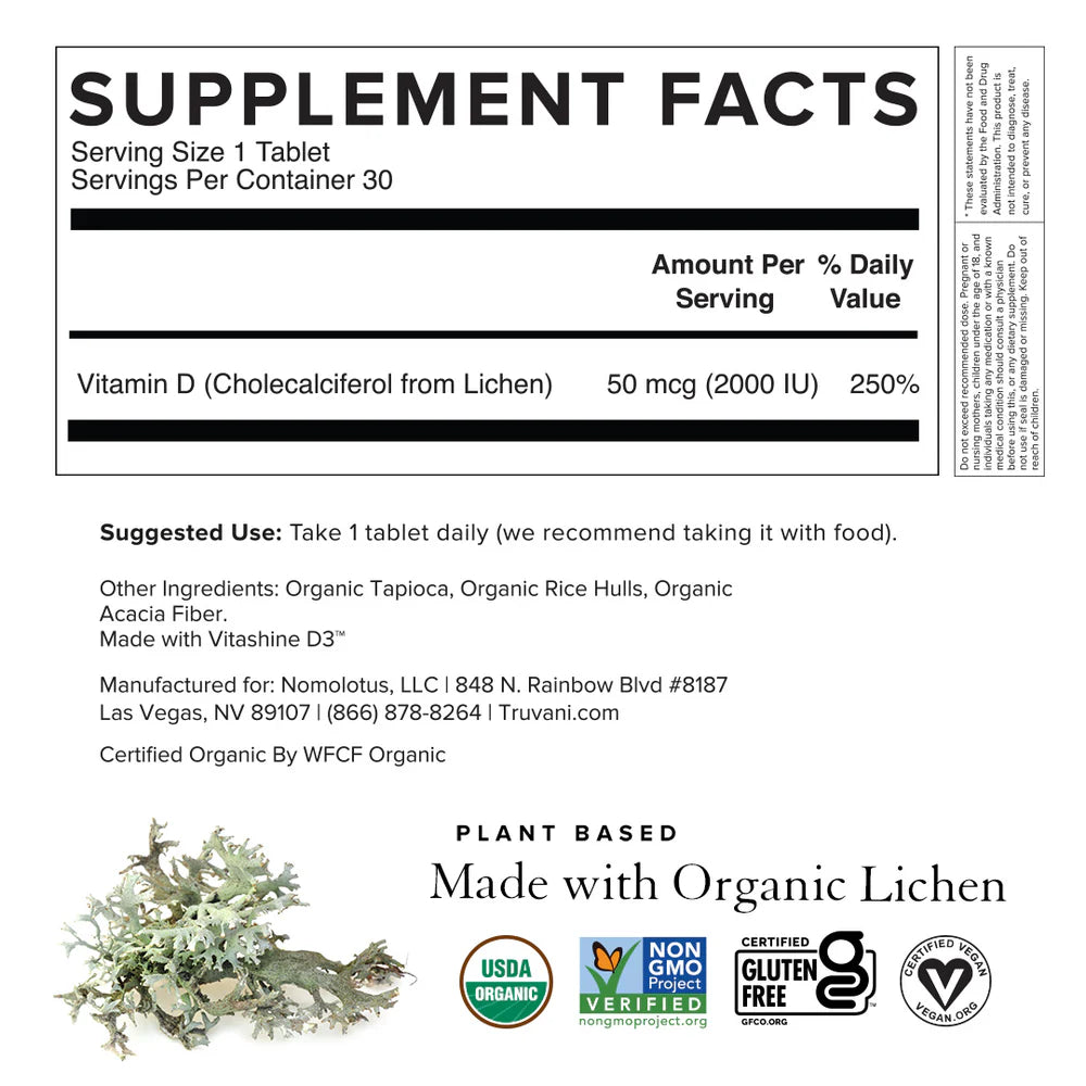 Truvani Vitamin D3 from Organic Lichens 30 Tablets