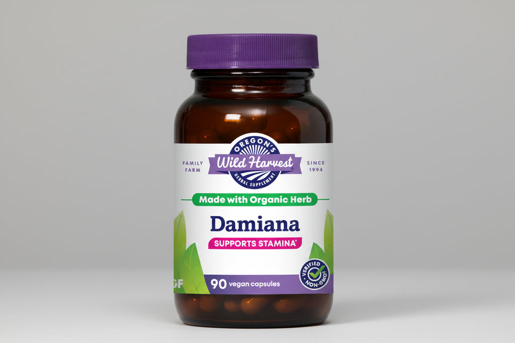 Oregon's Wild Harvest Damiana supplement bottle with purple cap and label.
