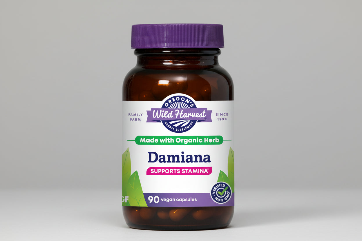 Oregon's Wild Harvest Damiana supplement bottle with purple cap and label.
