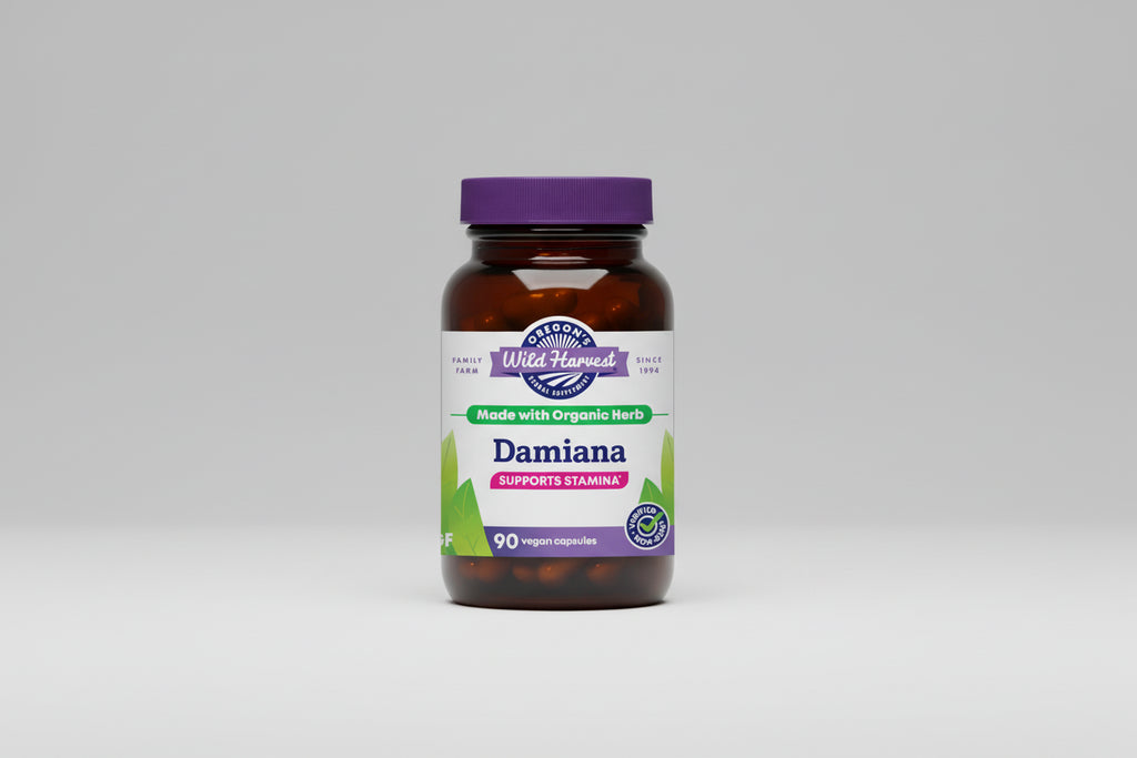Oregon's Wild Harvest Damiana supplement bottle with purple cap and label.