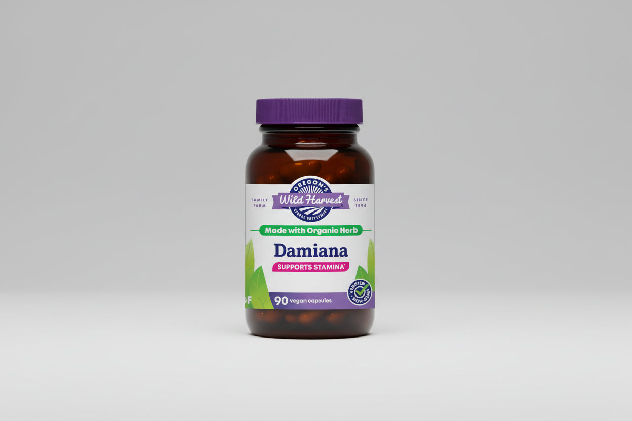 Oregon's Wild Harvest Damiana supplement bottle with purple cap and label.