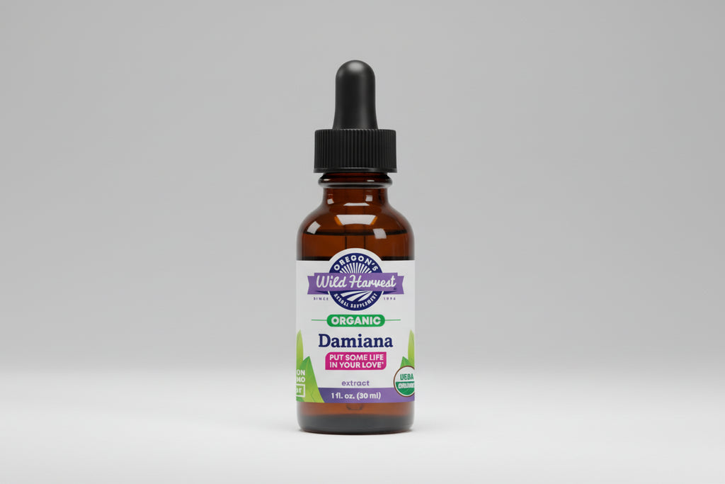 Bottle of Oregon's Wild Harvest Damiana extract on a white background