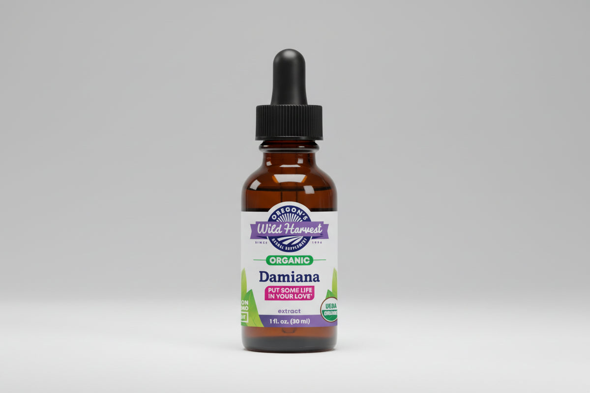 Bottle of Oregon's Wild Harvest Damiana extract on a white background