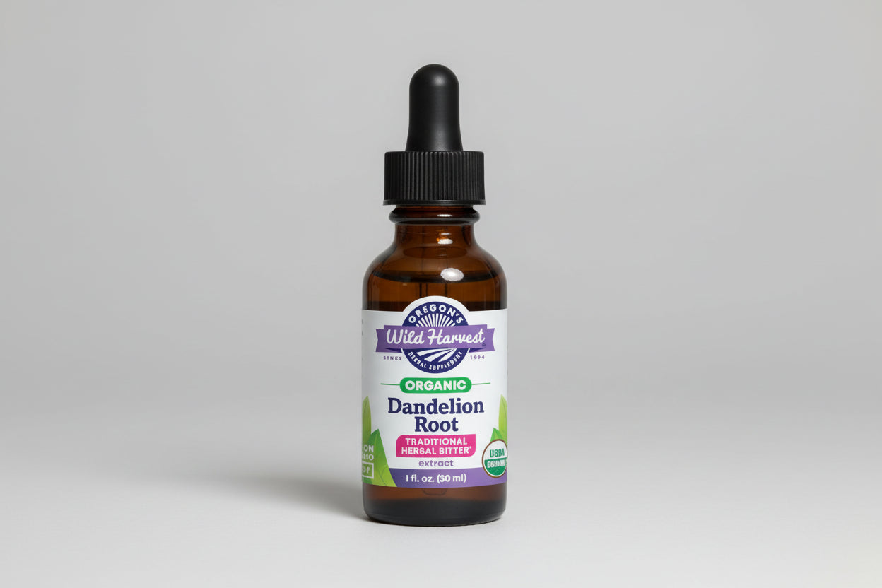 Bottle of Oregon's Wild Harvest Organic Dandelion Root extract on a white background