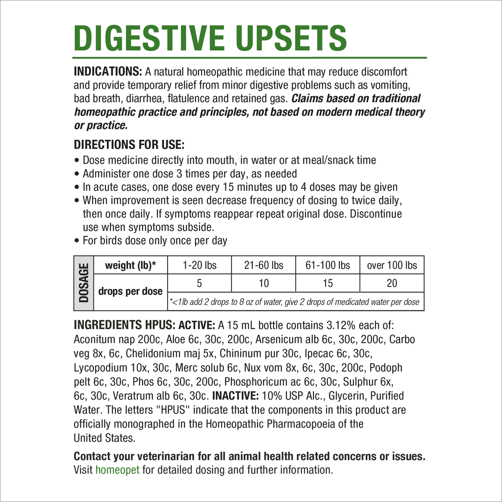 HomeoPet Digestive Upsets current manufacturer label, ingredients and directions