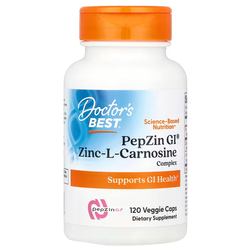 Supplement bottle labeled 'Doctor's Best PepZin GI Zinc-L-Carnosine Complex' on a white background