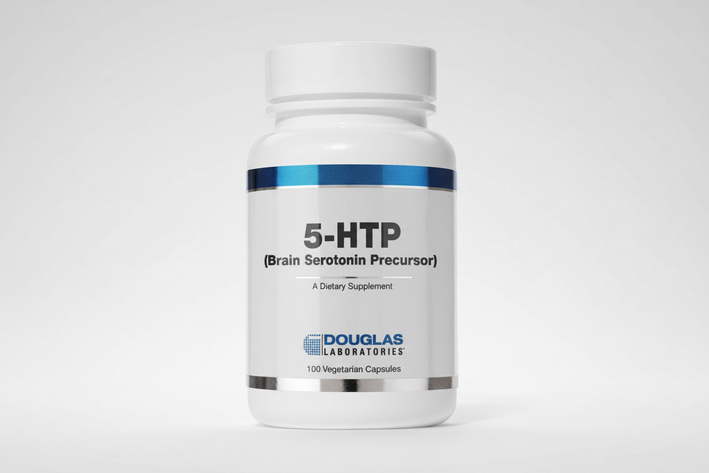 Bottle of 5-HTP supplement by Douglas Laboratories on a white background