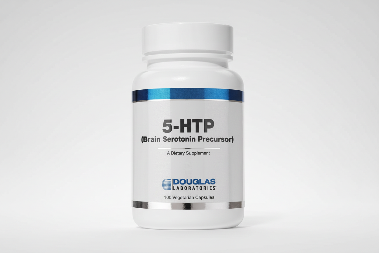Bottle of 5-HTP supplement by Douglas Laboratories on a white background