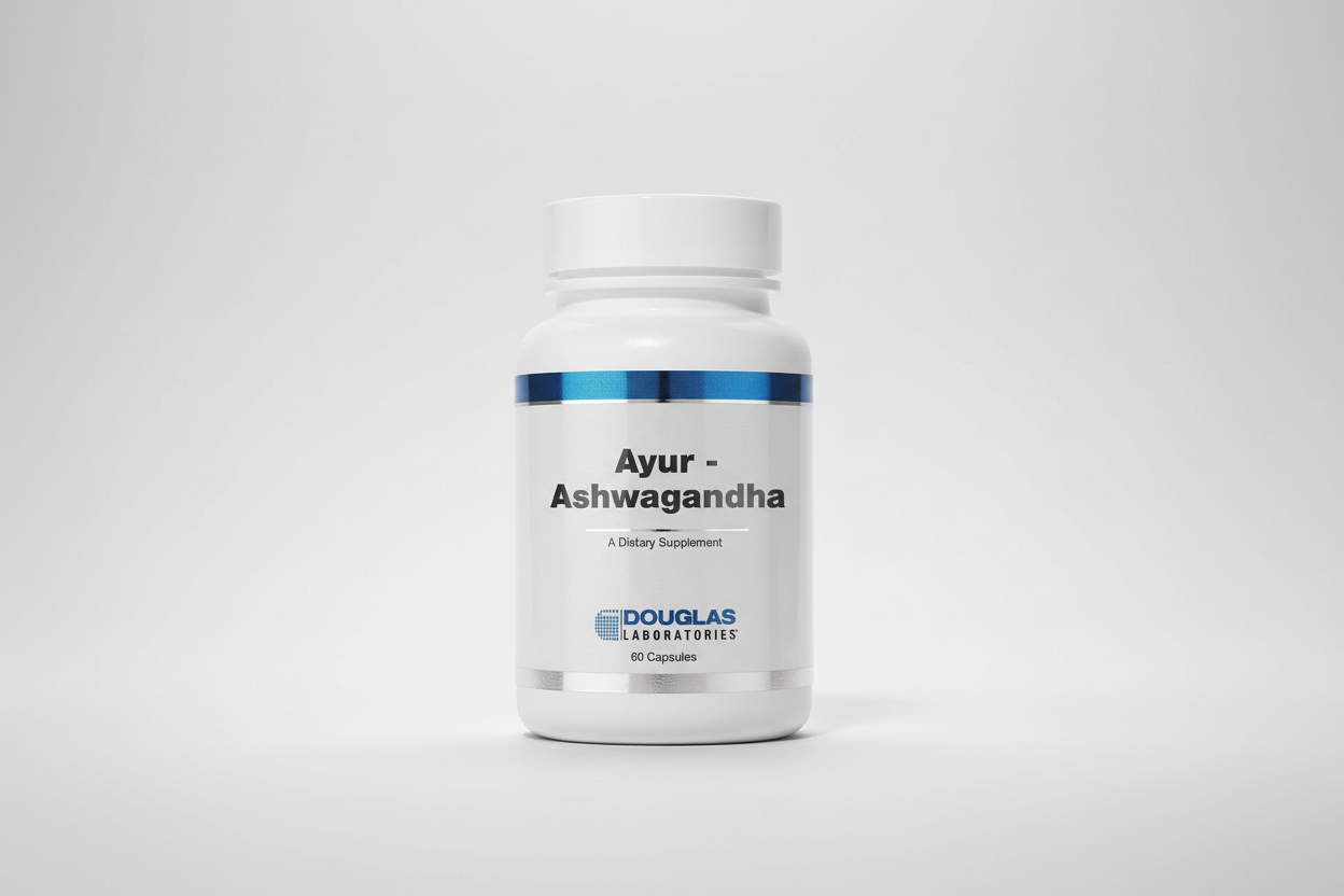 Ayur-Ashwagandha supplement bottle by Douglas Laboratories on a white background