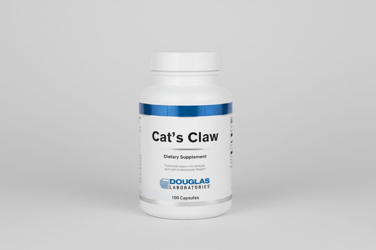 Bottle of Cat's Claw dietary supplement from Douglas Laboratories on a white background