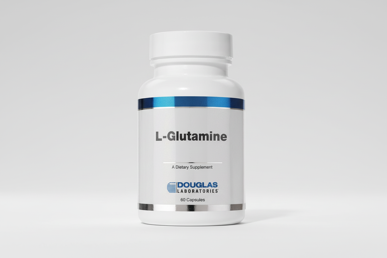 Bottle of Douglas Laboratories L-Glutamine supplement on a white background