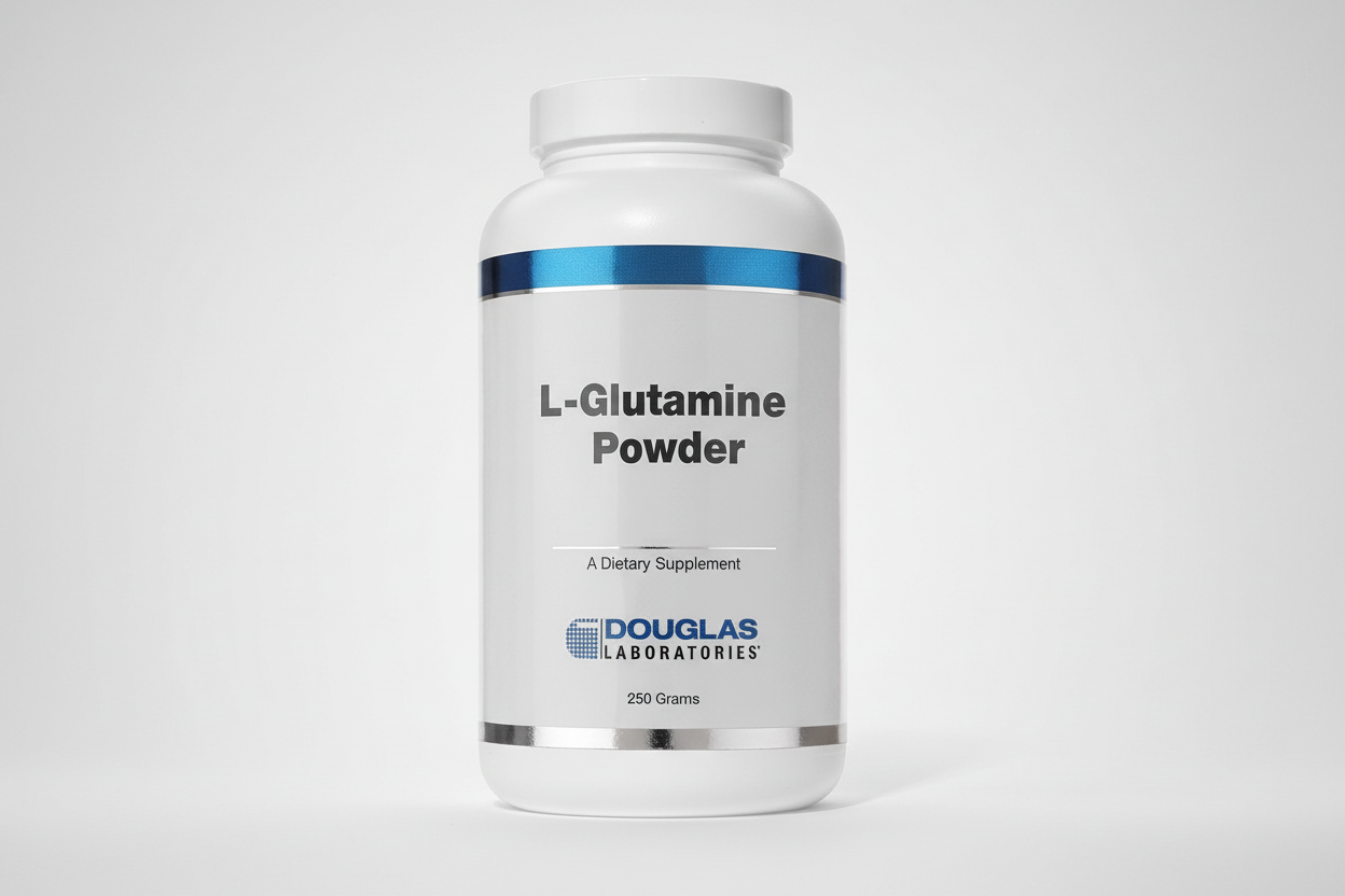 Bottle of Douglas Laboratories L-Glutamine Powder on a white background