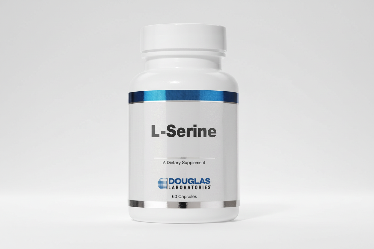Bottle of Douglas Laboratories L-Serine dietary supplement on a white background