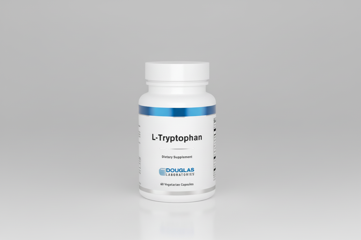 Bottle of Douglas Laboratories L-Tryptophan dietary supplement on a white background