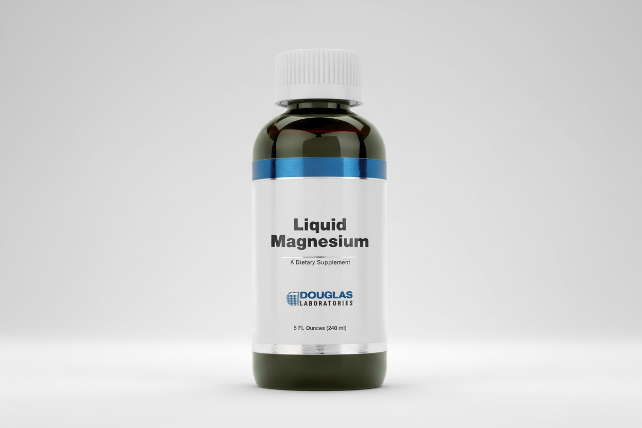 Bottle of Douglas Laboratories Liquid Magnesium supplement on a white background