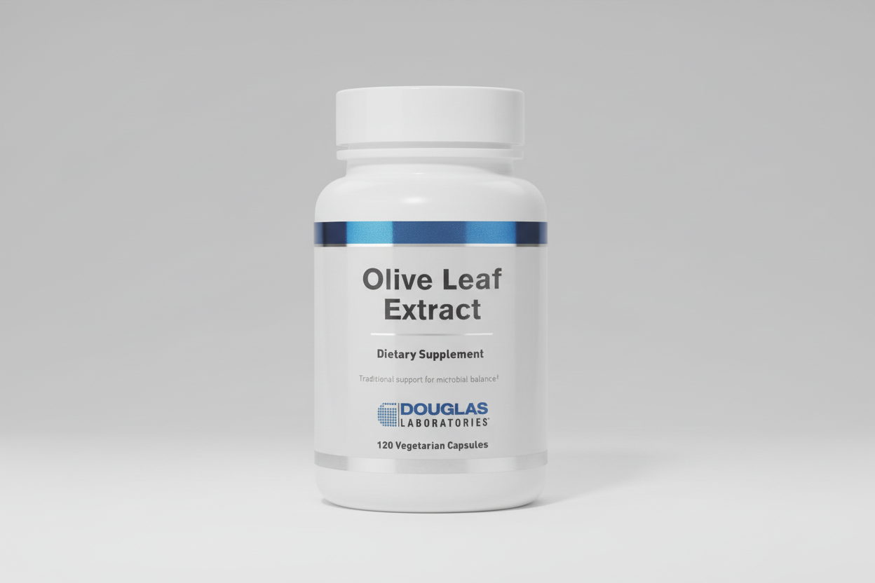 Bottle of Douglas Laboratories Olive Leaf Extract dietary supplement on a white background