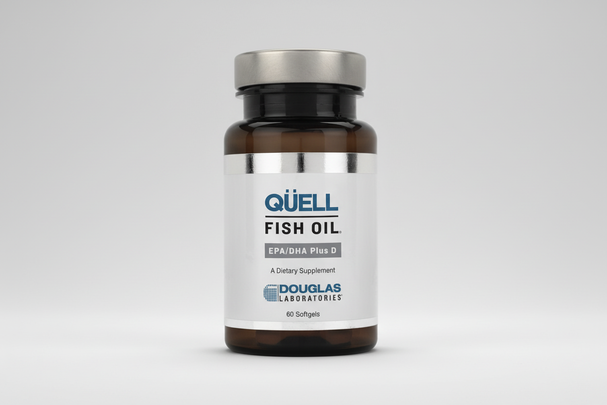 Bottle of Quell Fish Oil supplement on a white background
