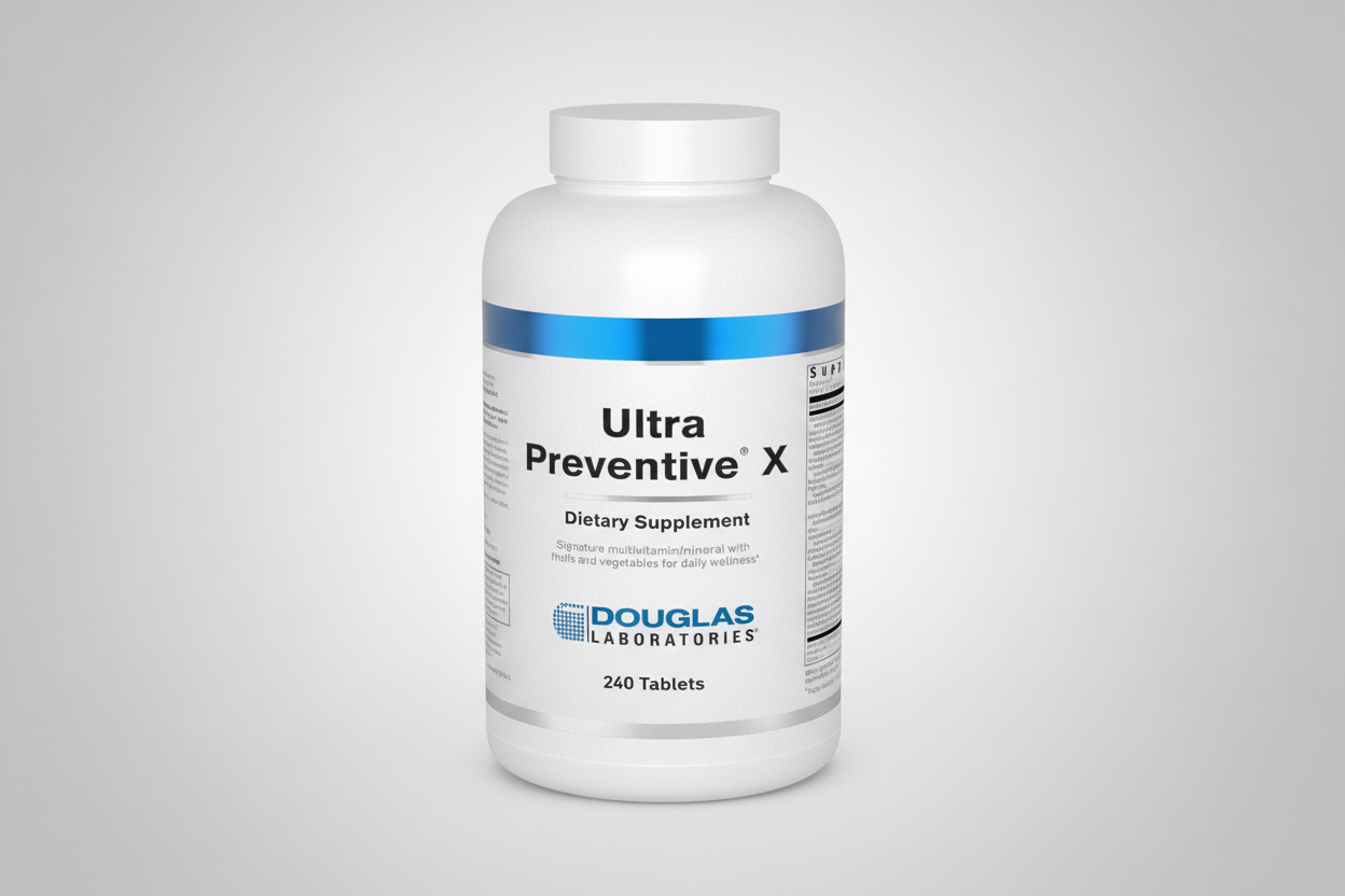 Bottle of Douglas Laboratories Ultra Preventive X dietary supplement on a white background
