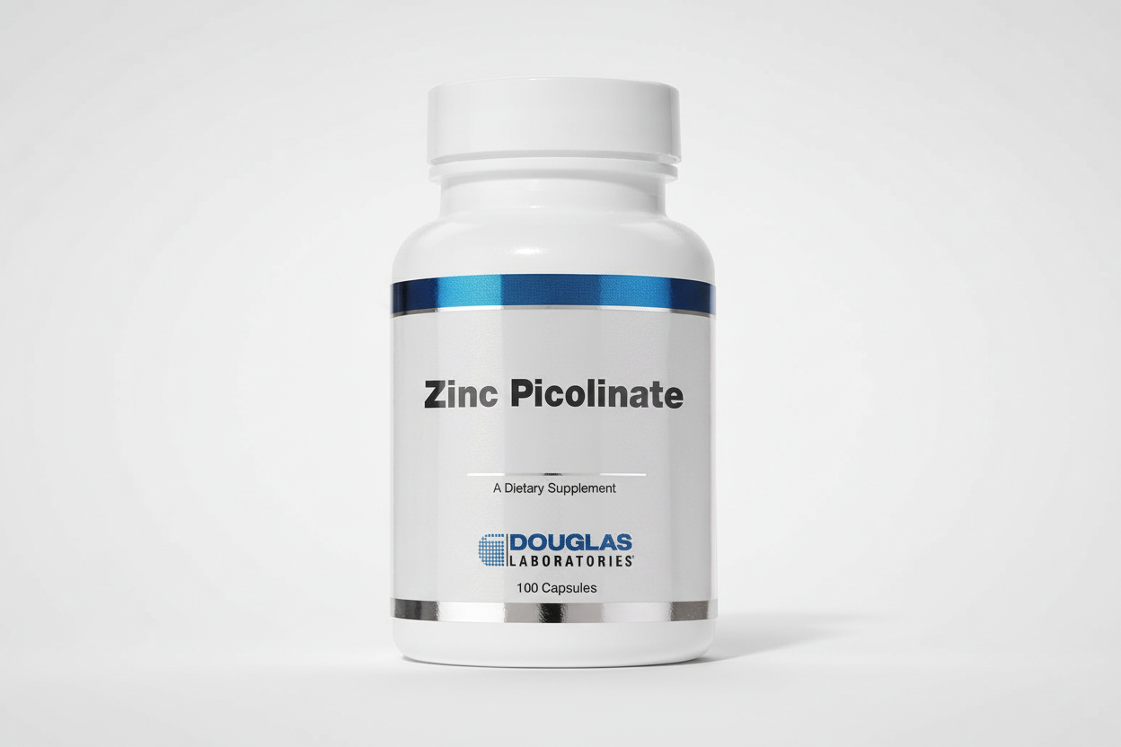 Supplement bottle labeled 'Zinc Picolinate' by Douglas Laboratories on a white background