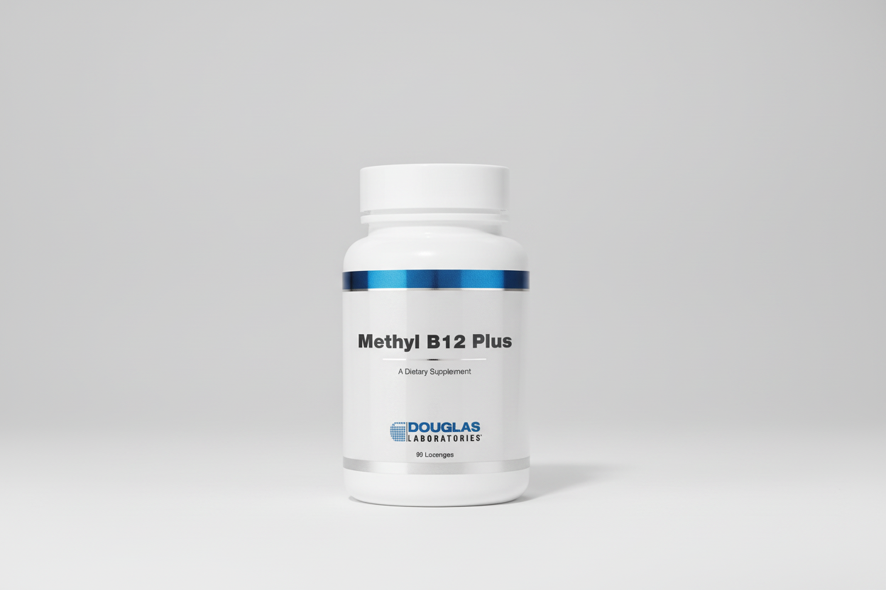 Bottle of Douglas Laboratories Methyl B12 Plus dietary supplement on a white background