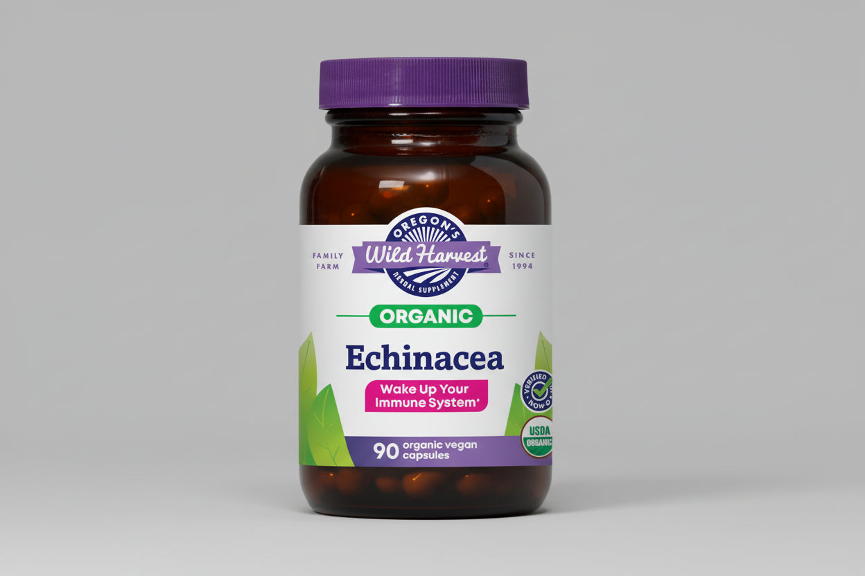 Oregon's Wild Harvest Organic Echinacea supplement bottle with purple cap and label.
