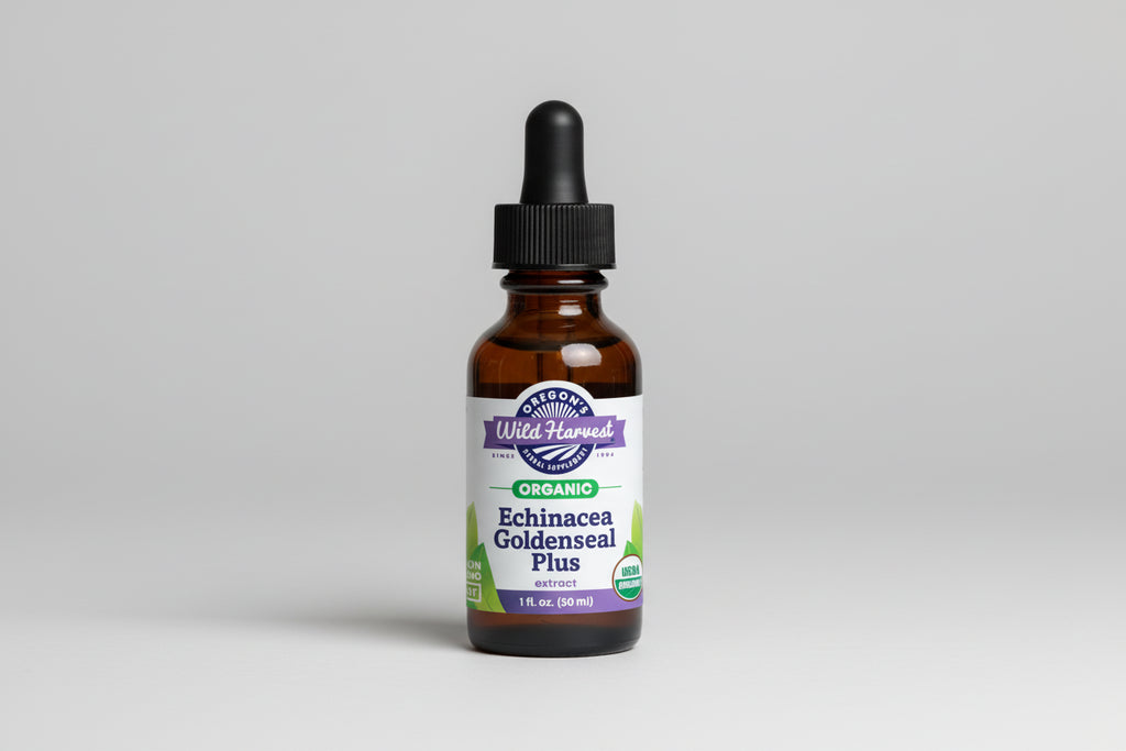 Bottle of Oregon's Wild Harvest Echinacea Goldenseal Plus extract on a white background
