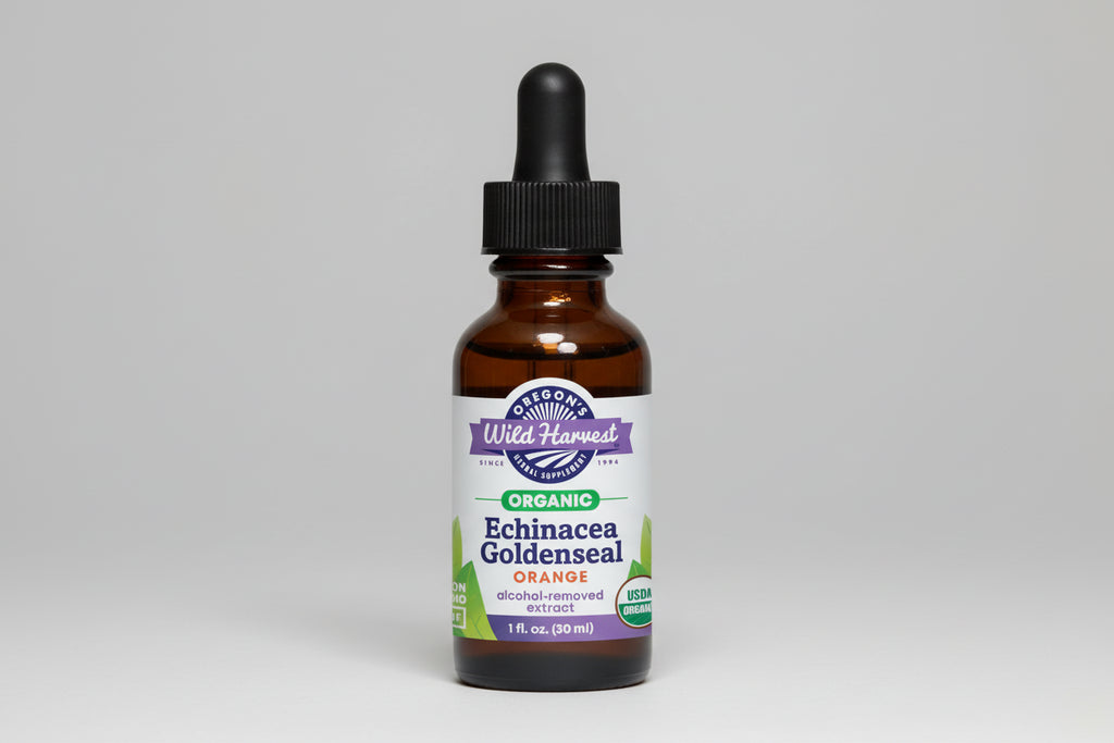 Bottle of Oregon's Wild Harvest Echinacea Goldenseal Orange extract on a white background