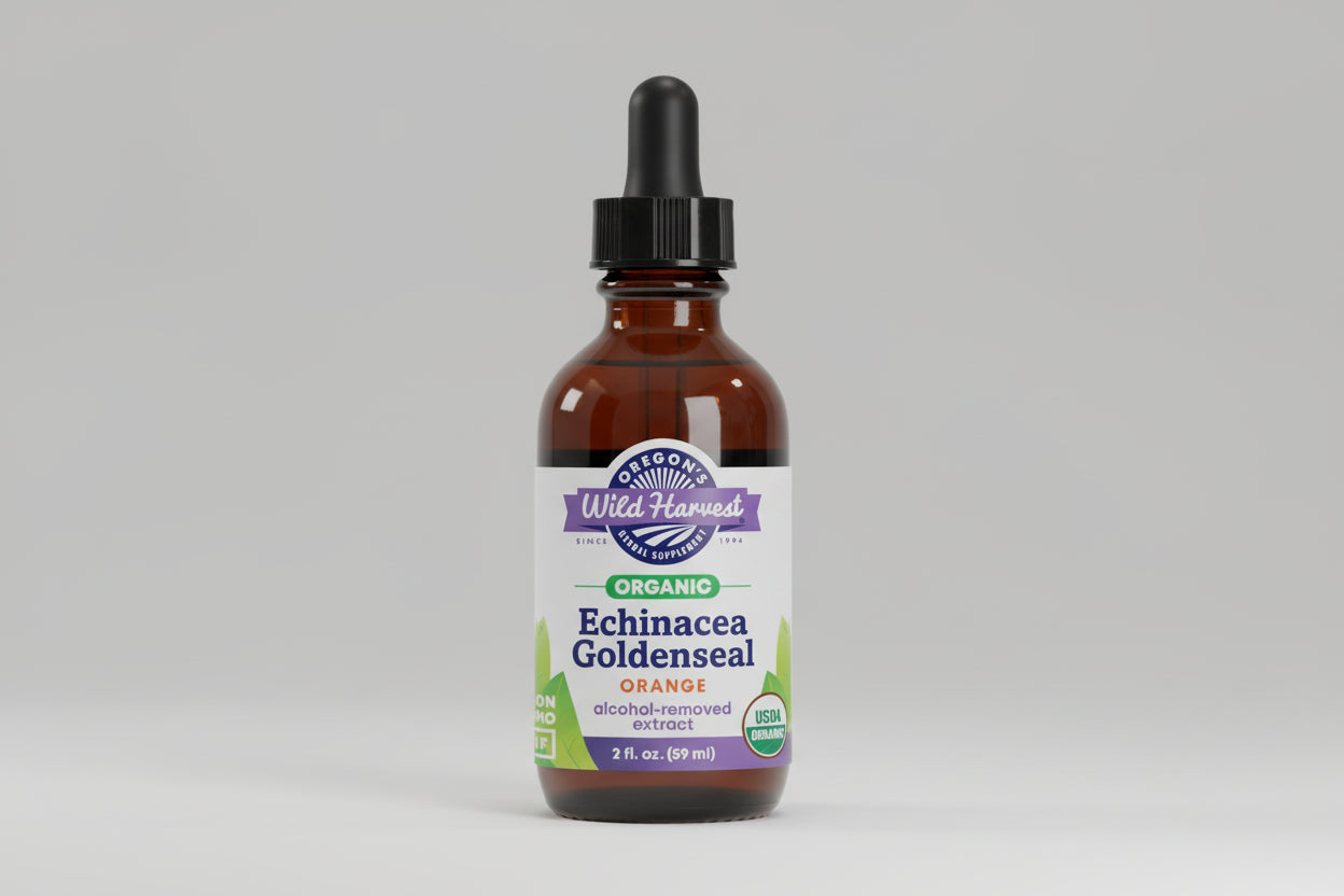 Bottle of Oregon's Wild Harvest Echinacea Goldenseal extract on a white background