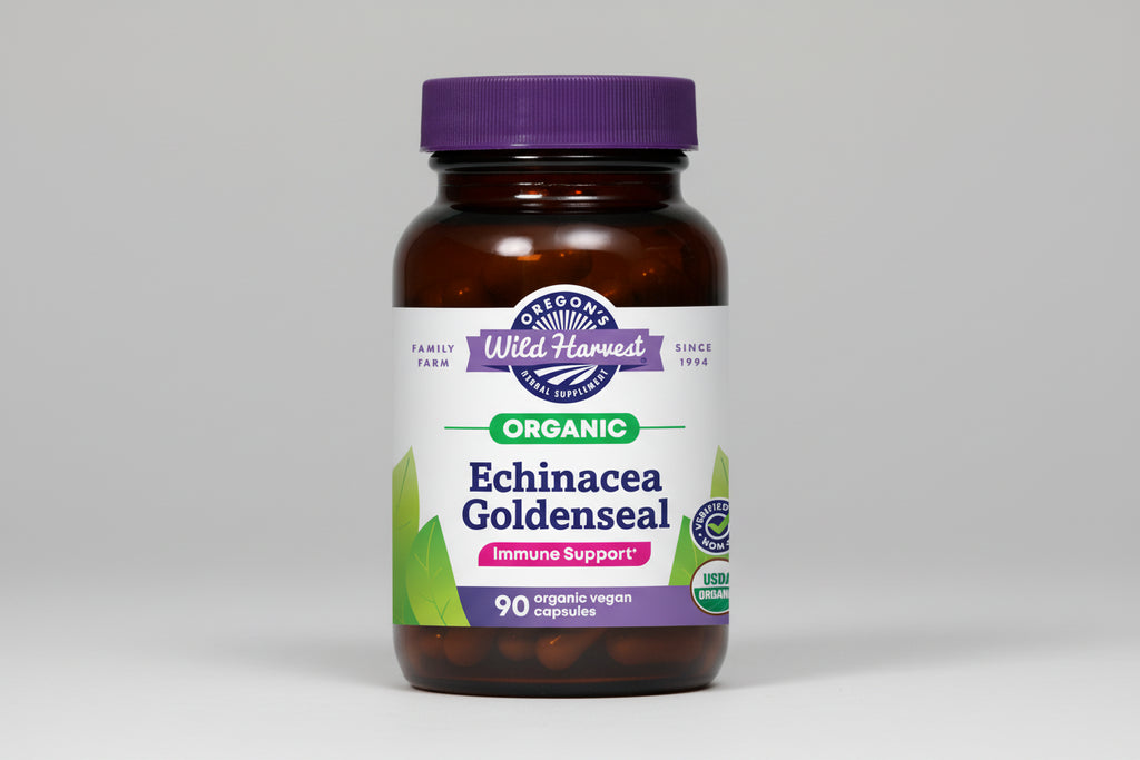 Oregon's Wild Harvest Organic Echinacea Goldenseal supplement bottle with purple cap.