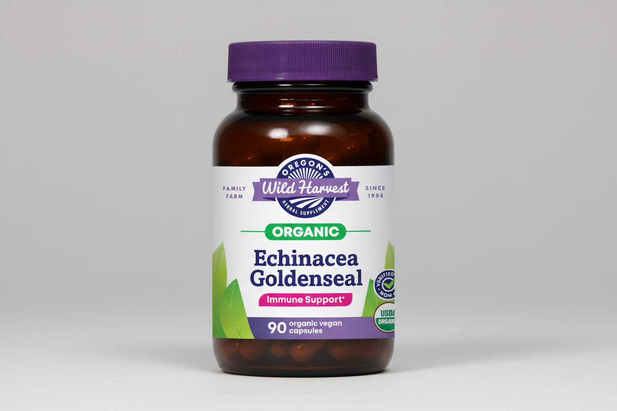Oregon's Wild Harvest Organic Echinacea Goldenseal supplement bottle with purple cap.