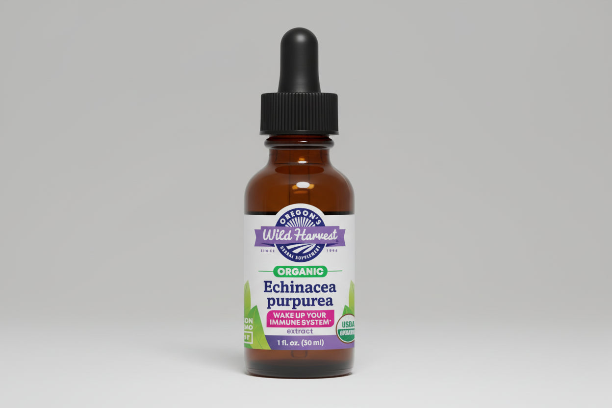 Bottle of Oregon's Wild Harvest Organic Echinacea purpurea extract on a white background
