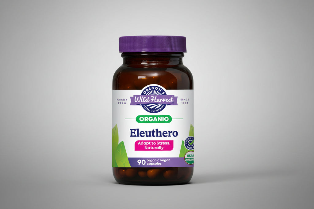 Oregon's Wild Harvest Eleuthero supplement bottle with purple cap and label.