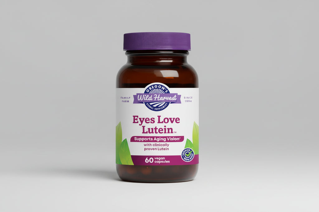 Oregon's Wild Harvest Eyes Love Lutein supplement bottle with purple cap and label.