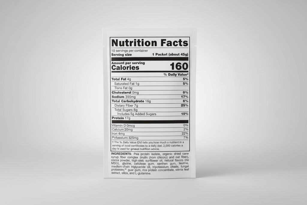 Nutrition facts label for a protein product with detailed nutritional information.