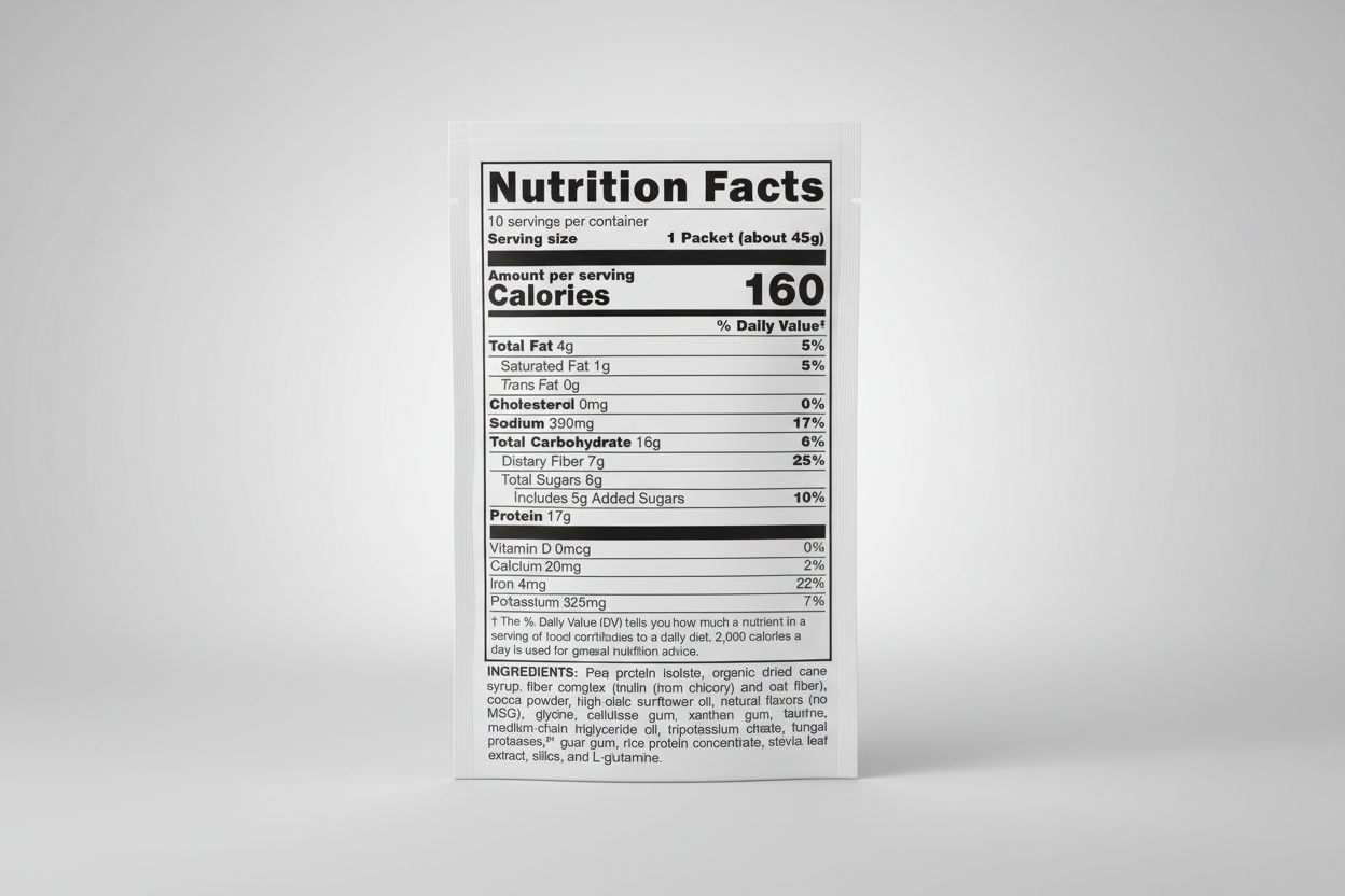 Nutrition facts label for a protein product with detailed nutritional information.