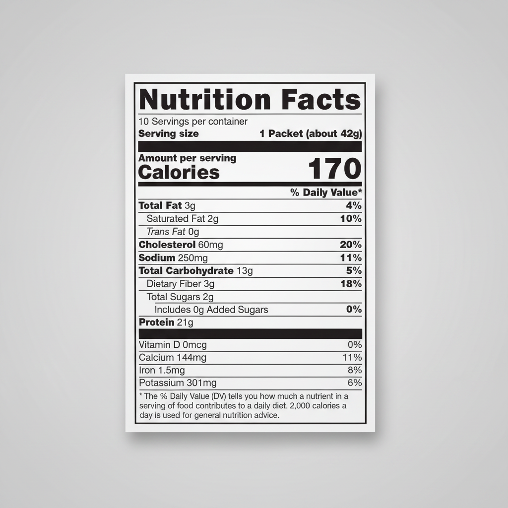 Nutrition facts label and ingredient list for a protein product with Amix logo.
