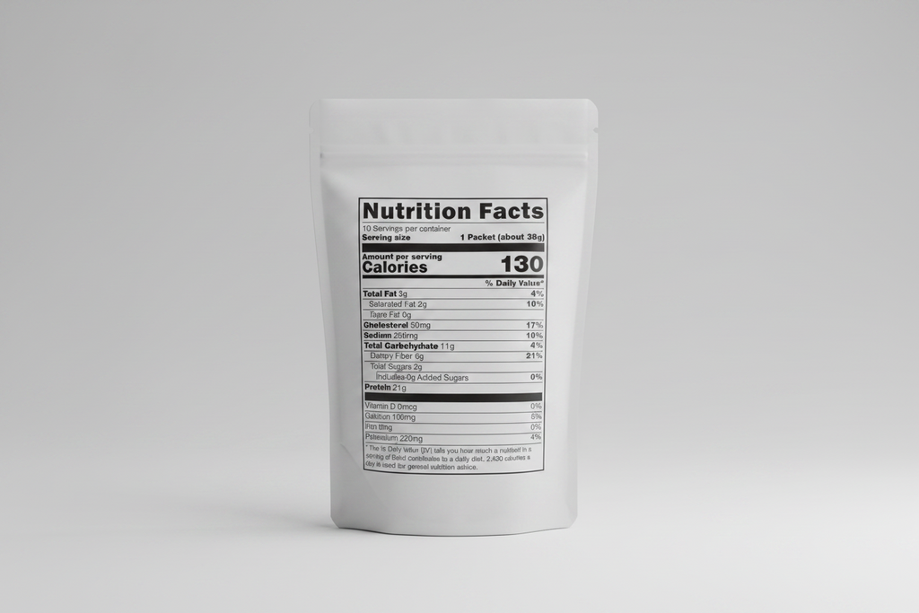 Nutrition facts label for a protein powder packet with ingredients list and amino acid profile.