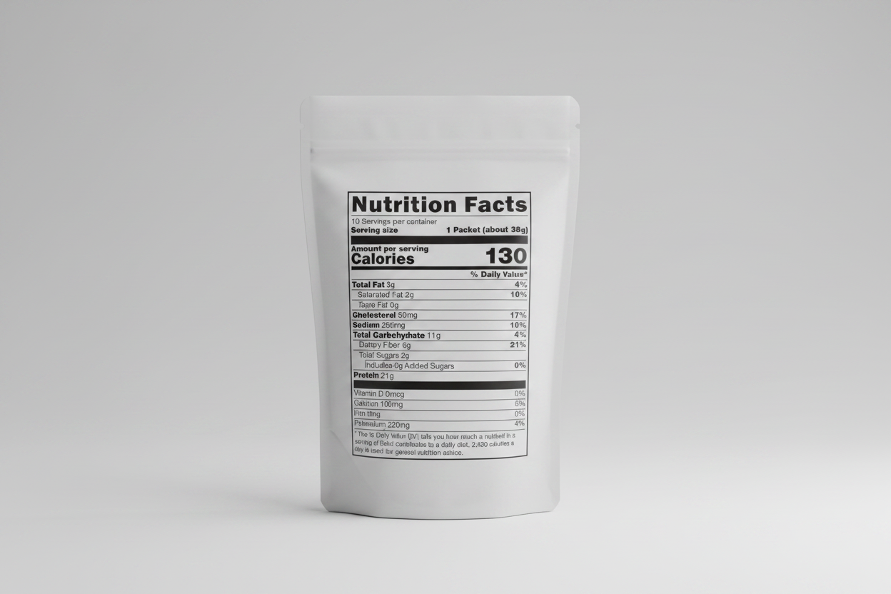 Nutrition facts label for a protein powder packet with ingredients list and amino acid profile.