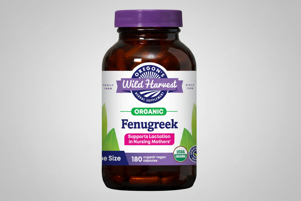 Oregon's Wild Harvest Organic Fenugreek supplement bottle on a white background