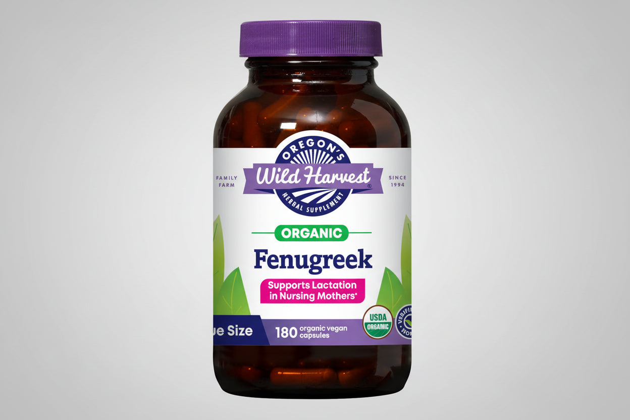 Oregon's Wild Harvest Organic Fenugreek supplement bottle on a white background