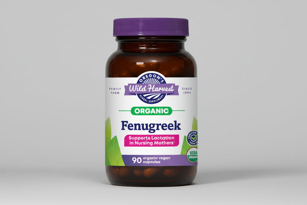 Oregon's Wild Harvest Fenugreek supplement bottle with purple cap and label.