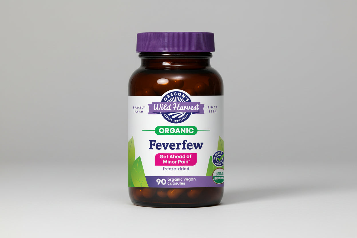 Oregon's Wild Harvest Organic Feverfew supplement bottle with purple cap